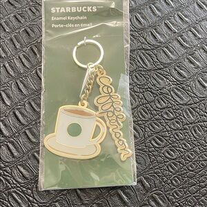 Starbucks Keychain with Cup w/Gold & White Enamel & Coffee Person Charm in Black